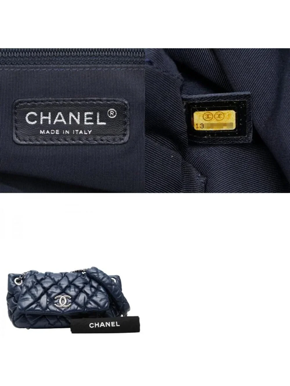Chanel Quilted Bubble Quilt CC Logo Chain Shoulder Bag Navy Lambskin